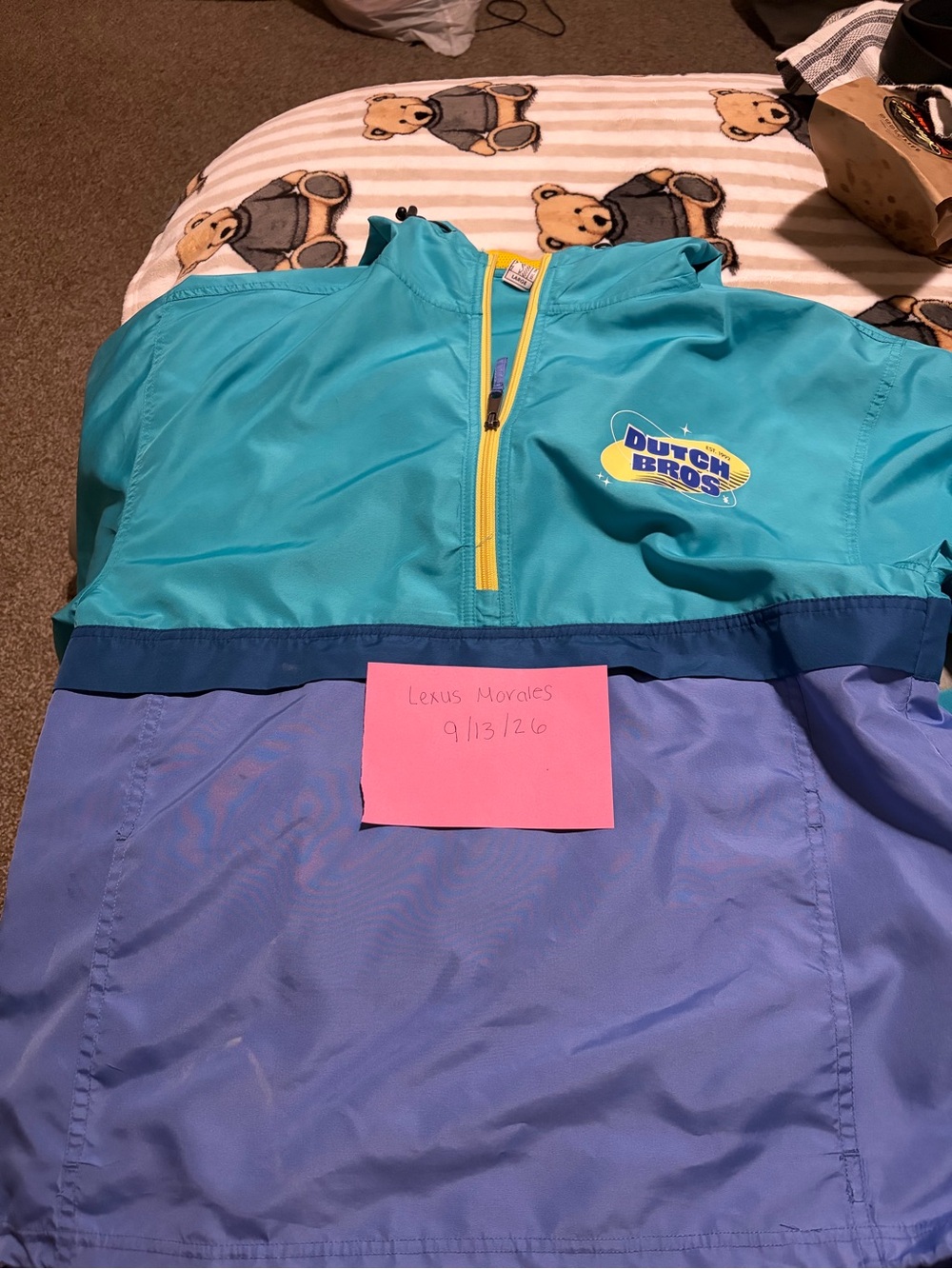 Dutch Bros Teal & Lavender Kids Swim Rashguard with Yellow Zip